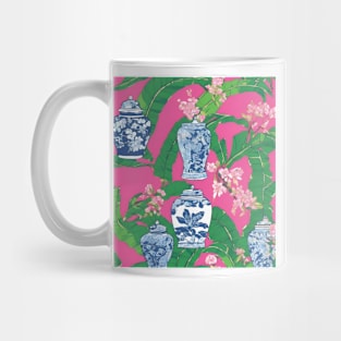 Chinoiserie jars, leaves and cherry blossom on hot pink Mug